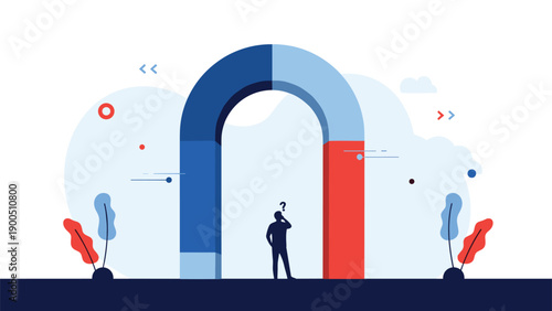 Man with a question mark over his head standing under a giant magnet, symbolizing the perplexing nature of attraction, influence, or complex decisions.