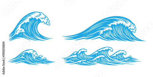 Blue and white silhouette ocean waves design, dynamic surf art with motion and marine energy