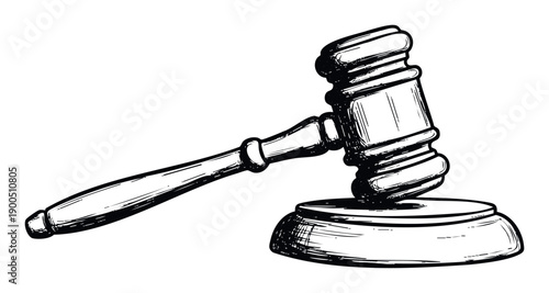 Hand drawn sketch of a judges gavel and sounding block representing justice authority and legal processes perfect for court related publications or law firm marketing materials