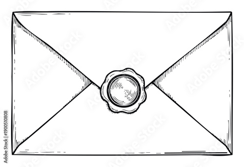 Classic handdrawn envelope sealed with a decorative wax stamp, perfect for historical documents, secret messages, vintage invitations, and oldfashioned correspondence graphics.