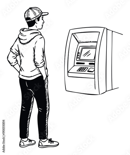 A young man in casual attire stands ready to perform a transaction at an automated teller machine, perfect for banking advertisements or financial service promotions.
