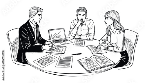 Three business people engaged in a meeting discussing financial data and project documents for strategic planning and decision making in a corporate environment
