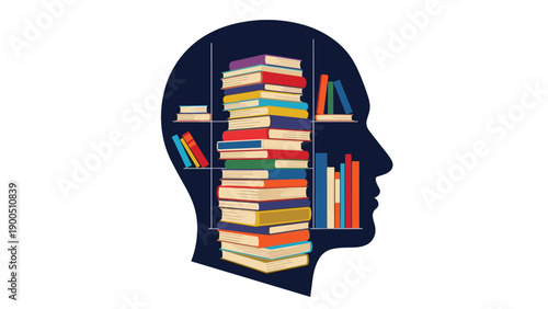 Silhouette of a human head filled with stacks of books on shelves, symbolizing knowledge accumulation, learning, education, and intellectual growth.