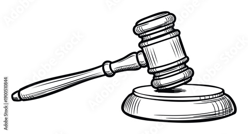 A powerful symbol of justice and legal authority, this striking gavel drawing represents judgment and the rule of law for various legal and governmental communications.