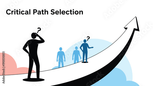 Text "Critical Path Selection" above a silhouette of a man contemplating diverging paths with others, symbolizing strategic decision-making and choosing the right direction.