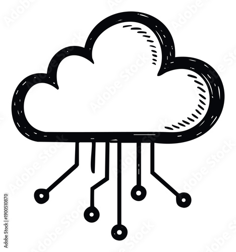 Sketch style cloud computing icon with circuit connections symbolizing data infrastructure and global networking solutions for business technology resources and digital transformation