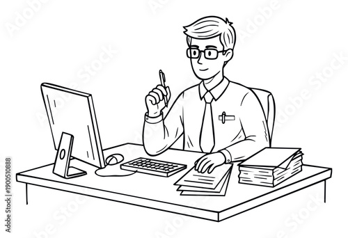 A focused male office worker with glasses and a tie diligently works at a desk, reviewing documents and operating a computer, ideal for illustrating business productivity and administrative