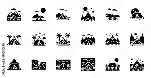 Extensive set of outdoor camping adventure icons showcasing various tent styles across diverse natural environments including mountains, forests, and beaches for travel related digital
