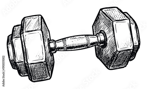 Hand drawn sketch of a single dumbbell, an essential piece of gym equipment for weightlifting and strength training, perfect for health and fitness related content.