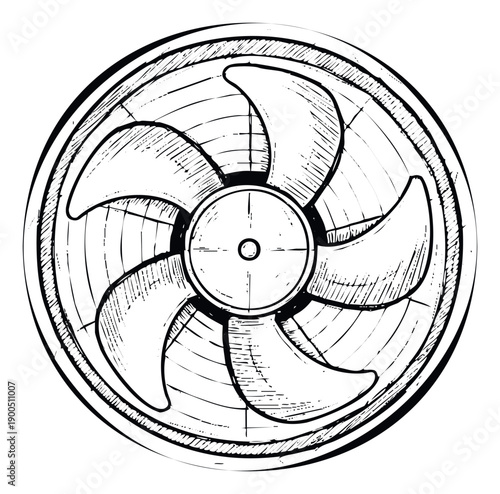 Hand drawn sketch of a classic ventilation fan device in monochrome for industrial mechanical engineering equipment or air conditioning technology applications