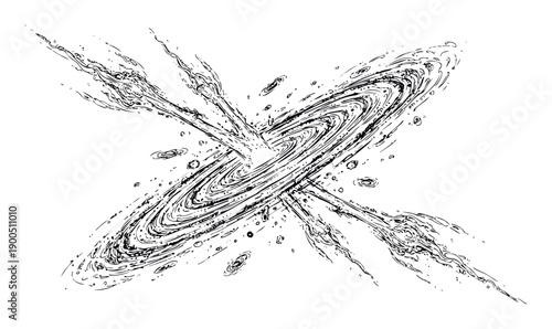 Dynamic black hole emission with cosmic energy jets and swirling galaxies for science fiction, space exploration graphics, and astronomical physics presentations.