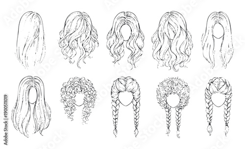 Comprehensive assortment of various female hairstyles and updos featuring smooth, voluminous, and intricate braids, ideal for cosmetology schools and personal grooming tips.