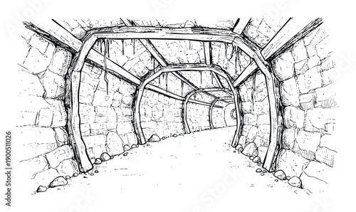 Vintage style drawing of an old stone tunnel reinforced with sturdy timber arches, ideal for historical document layouts, educational resources, or thematic game environments