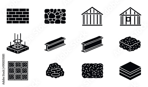 Collection of essential construction materials and building elements representing various stages of architectural development and structural engineering for construction industry