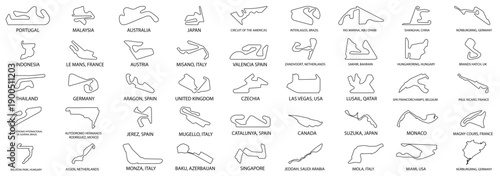 Set of racing circuit layout. Collection of GP Race Track Illustrations with Editable Stroke. Formula Racing Circuit Vectors.