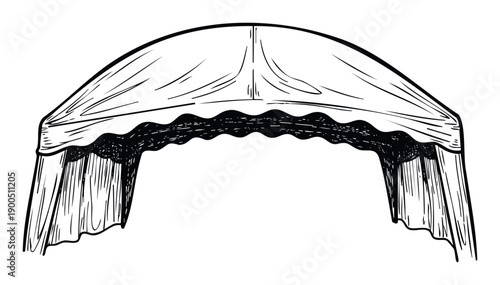 Stylized hand drawn sketch of an outdoor tent canopy or market stall awning featuring flowing fabric details, ideal for event planning materials, cafe exterior designs, or architectural