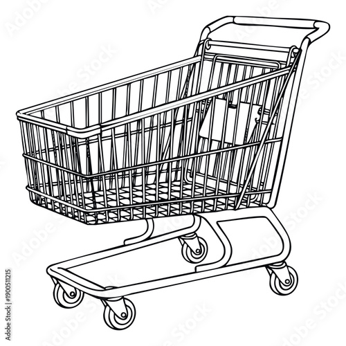 Versatile vector outline of an empty supermarket shopping cart, perfect for use in retail business presentations, consumer goods advertising, and general shopping related graphics.