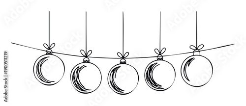Simple black outline drawing of five festive Christmas ornaments hanging on a string ideal for holiday greetings winter celebrations and seasonal decor projects