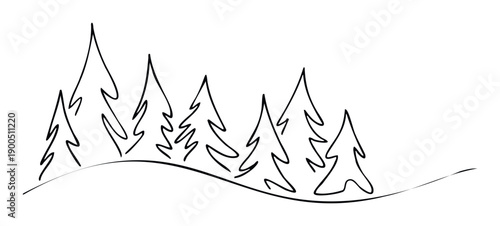 Continuous line drawing depicting a group of evergreen trees on a rolling landscape, perfect for simple holiday greetings, winter events, or natural aesthetic branding materials.
