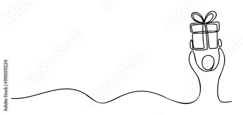 Minimalist black line drawing of a person celebrating a special occasion by holding a gift box for birthday, holiday, or festive event promotions