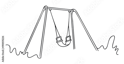 Monochromatic line drawing depicting a classic backyard swing set, perfect for use in childrens books, educational materials, simple graphic projects, or minimalist website designs.