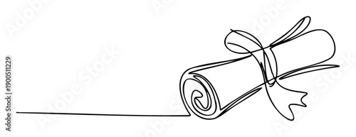 Continuous one line drawing of a graduation diploma scroll tied with a decorative ribbon, symbolizing academic achievement, education success, and future career development for professional