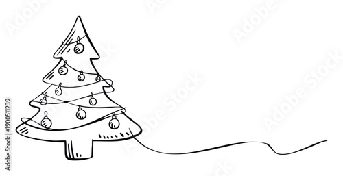 Outline Christmas tree doodle with string lights and hanging baubles provides a minimalist holiday image for seasonal marketing materials, festive announcements, or winter season decoration.