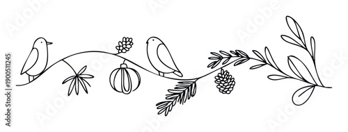 Minimalist line drawing of two birds on a winter branch adorned with berries, a pine cone, and a hanging holiday ornament, ideal for festive greeting cards and seasonal decorations.