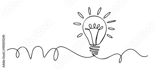 Minimalist single continuous black line forming an illuminating light bulb graphic symbolizing new ideas, creativity, and problemsolving, ideal for business and educational visual
