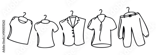 Modern minimalist line drawing showcasing a collection of essential apparel like tops, shirts, and trousers on hangers, perfect for clothing store promotions or wardrobe organization