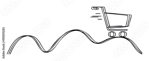 Dynamic shopping cart accelerating across a wavy track symbolizing market volatility and consumer journey for ecommerce promotions and financial trend analysis