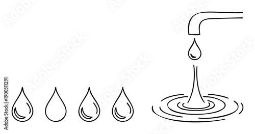 Simple black outline drawing of a dripping faucet with water creating ripples, alongside four clean water droplets, ideal for environmental and plumbing concepts.