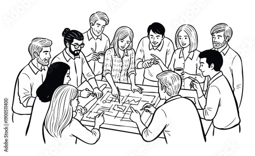 Collaborative diverse team of professionals engaged in a focused planning session, actively reviewing schematics and pointing out crucial details on a large blueprint, ideal for