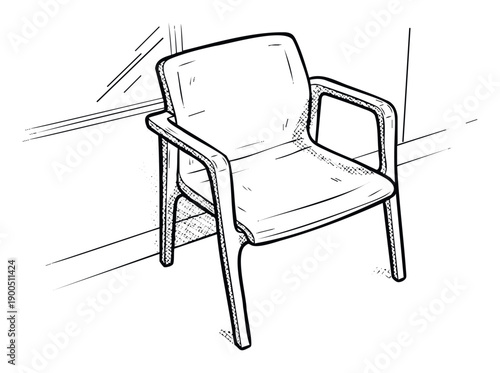 Black and white outline drawing of a contemporary styled chair featuring armrests, ideal for architectural renderings, interior decor concepts, or product visual aids.