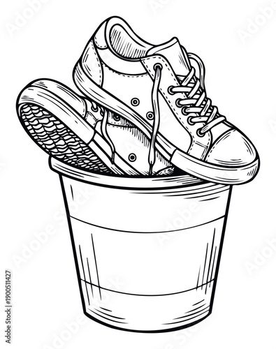 Classic canvas sneakers arranged inside a simple bucket, providing a versatile graphic for casual footwear themes, sports apparel advertising, or lifestyle branding projects.