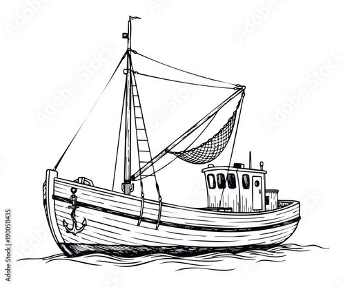Hand drawn sketch of a traditional wooden fishing trawler boat with a mast and net for ocean fishery themed projects and maritime voyage documentaries