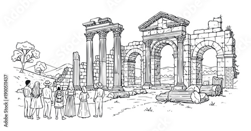 Group of travelers observing majestic ancient ruins featuring classical columns and grand arches in a scenic historical landscape, perfect for educational content and tourism promotions