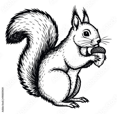 Black and white hand drawn squirrel with an acorn in its paws, suitable for natural wildlife themes, forest animal prints, or a rustic woodland logo