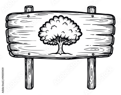 Rustic wooden signpost with a handdrawn tree icon perfect for nature conservation graphics, park entrance markers, or ecofriendly brand visuals.