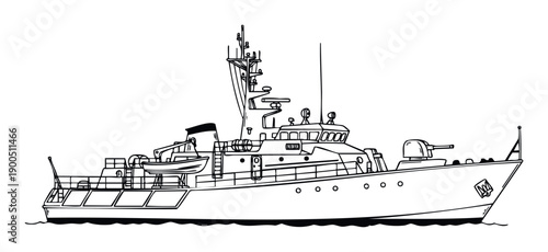 Detailed outline drawing of a modern military patrol boat with a gun turret and radar, ideal for naval defense publications and maritime security concepts.