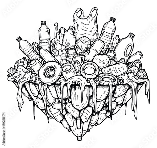 Monochrome sketch depicting a significant accumulation of various plastic garbage items like bottles and bags, emphasizing global waste pollution for environmental awareness campaigns and