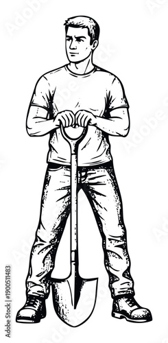 Confident male laborer holding a shovel ready for various outdoor tasks, perfect for agricultural, construction, or home improvement project materials