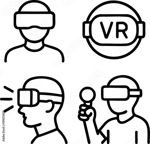 Virtual reality and metaverse experience set, linear icon. Gaming, immersive technology, digital simulation, and future entertainment concepts.