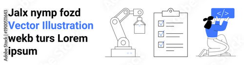 Automation, programming, workflow management, tech innovation, coding education, process optimization. Robotic arm, checklist and coding . Automation and programming concepts