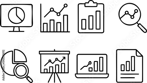 Data analysis and financial statistics reporting set, linear icon. Market research, business growth, performance tracking, and analytics concepts.