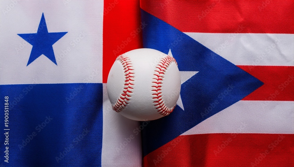 Fototapeta premium baseball placing between Panama flag and Puerto Rico Flag