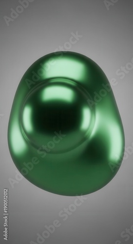 Iridescent, fluid green metallic object hovers against a neutral gray background.