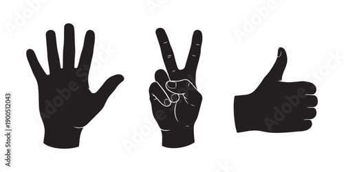  Black hand silhouette set featuring victory and thumbs up gesture sign icons.