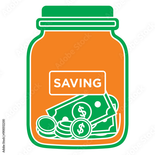 Money Savings Jar with Coins and Bills.