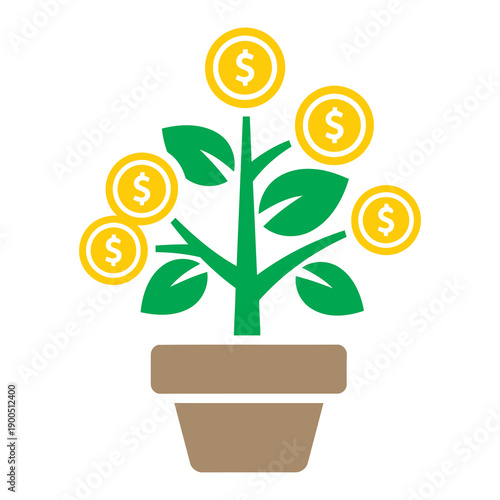 Money Plant Growing in Pot with Dollar Coins.
